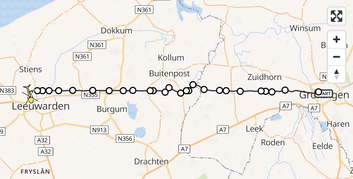 Vluchtroute Ambulancehelikopter van Universitair Medisch Centrum Groningen naar Vliegbasis Leeuwarden