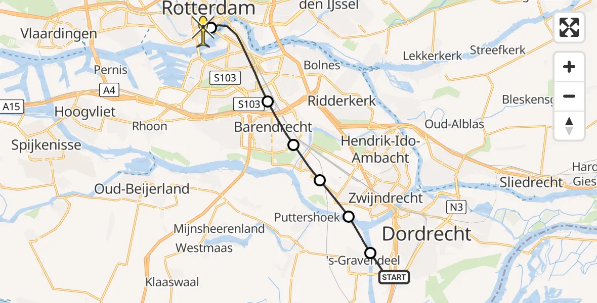 Routekaart van de vlucht: Lifeliner 2 naar Erasmus MC, Havenweg