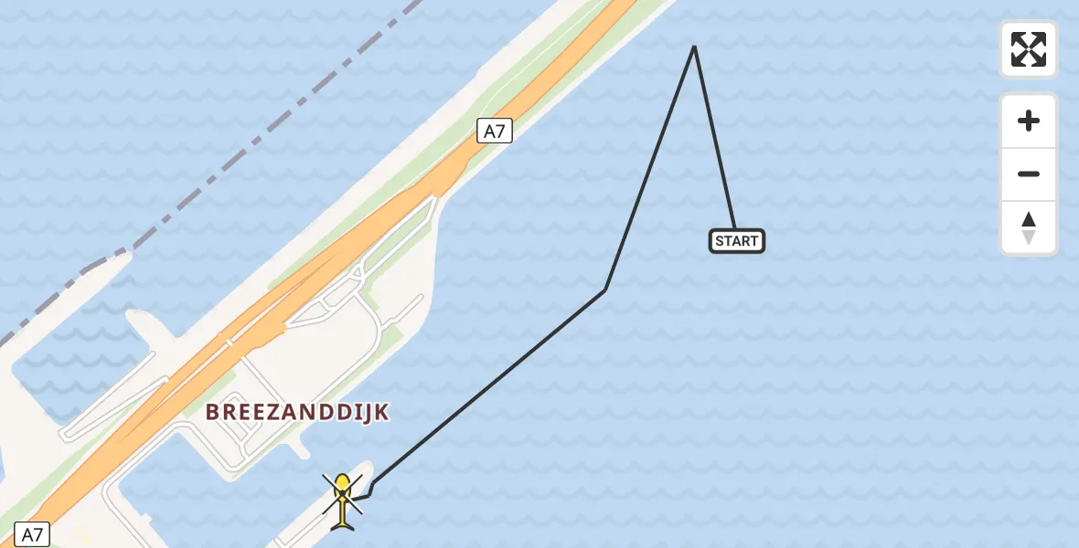 Routekaart van de vlucht: Kustwachthelikopter naar Breezanddijk, Toeloop naar Zuiderhaven te Breezanddijk