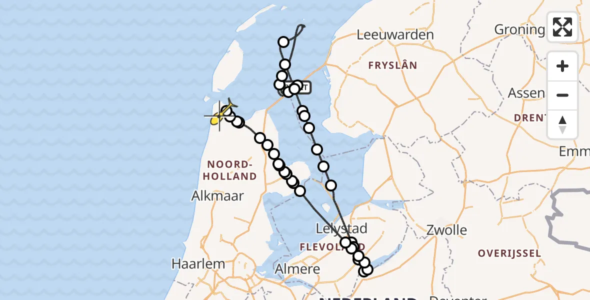 Routekaart van de vlucht: Kustwachthelikopter naar Vliegveld De Kooy, Afsluitdijk