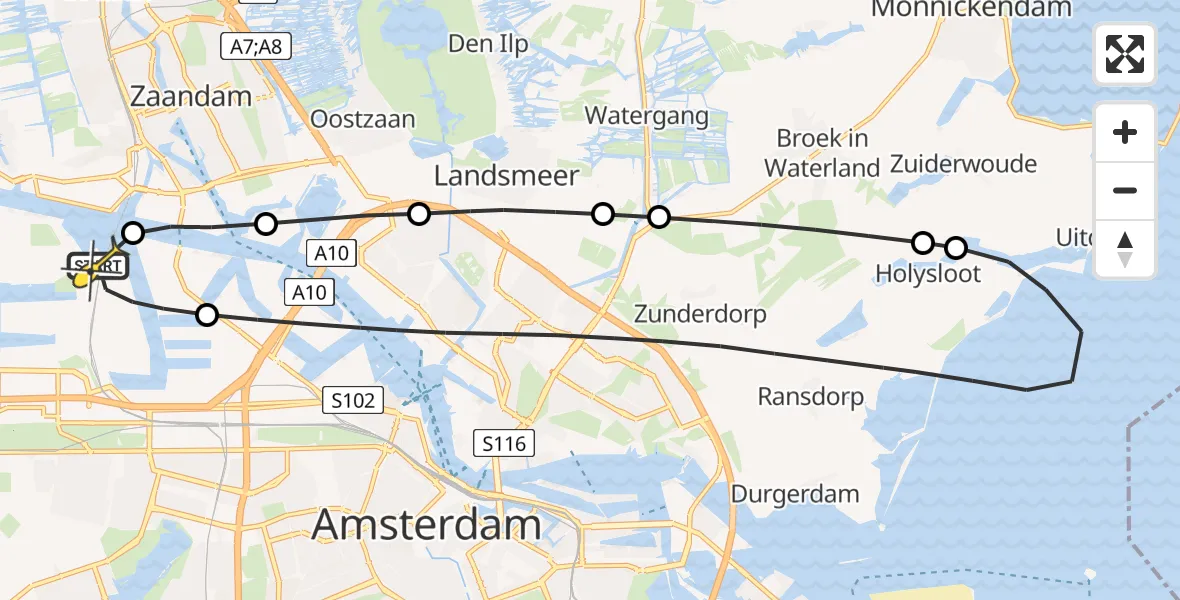 Routekaart van de vlucht: Lifeliner 1 naar Amsterdam Heliport, Westhaven