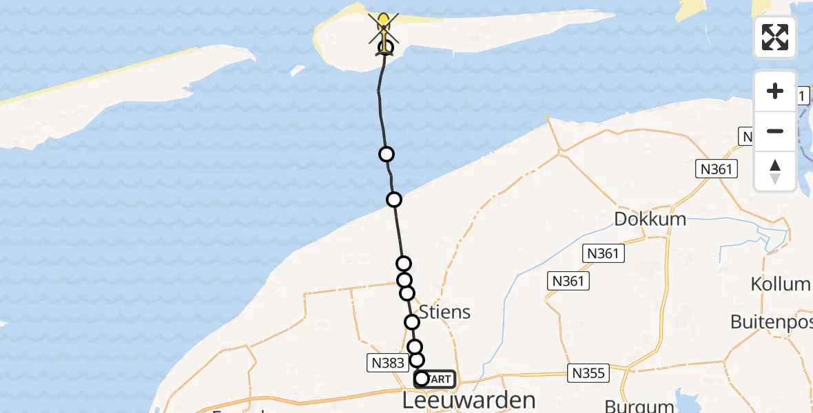 Routekaart van de vlucht: Ambulancehelikopter naar Ameland Airport Ballum, Sirtemawei