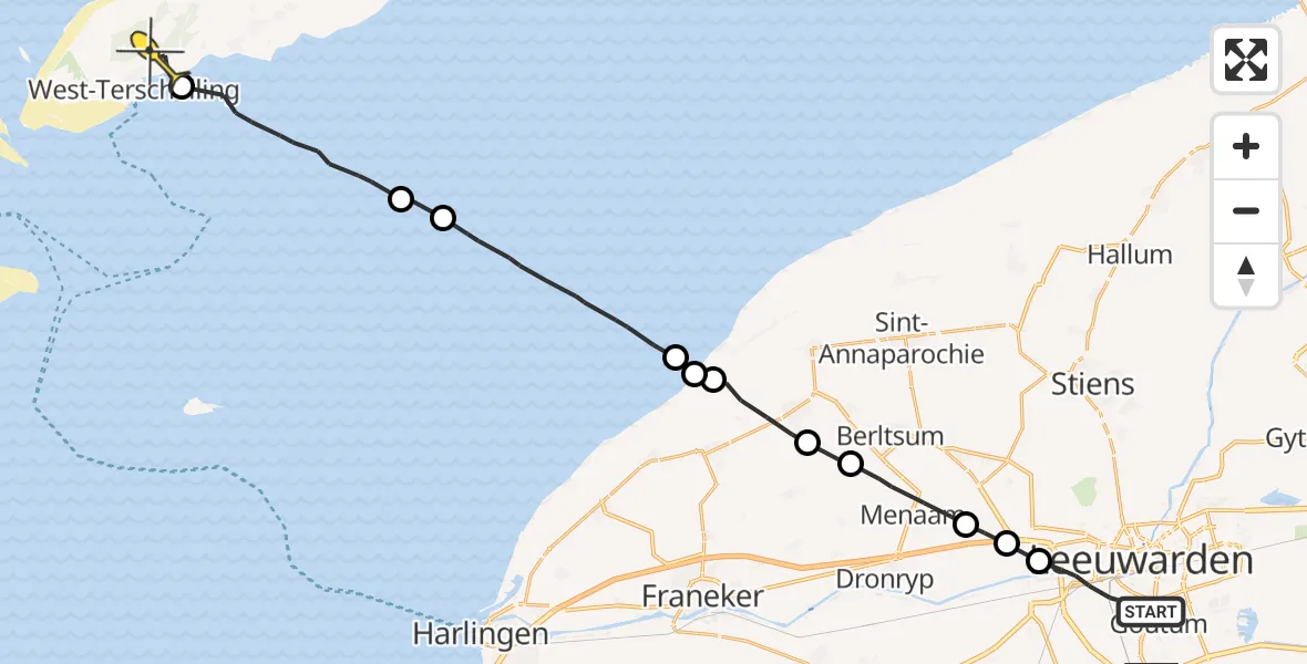 Routekaart van de vlucht: Ambulanceheli naar West-Terschelling, Ried