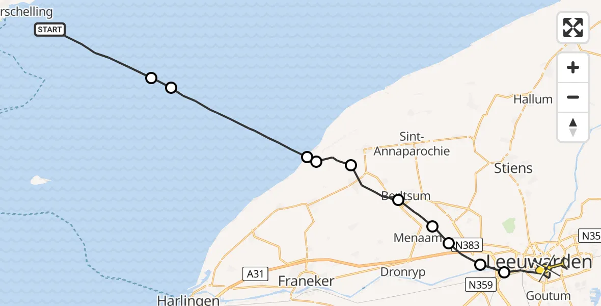 Routekaart van de vlucht: Ambulanceheli naar Leeuwarden, Mariënburgpaad