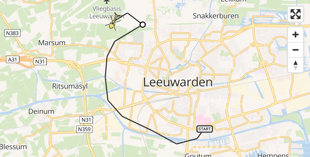 Vluchtroute Ambulancehelikopter van Leeuwarden naar Vliegbasis Leeuwarden