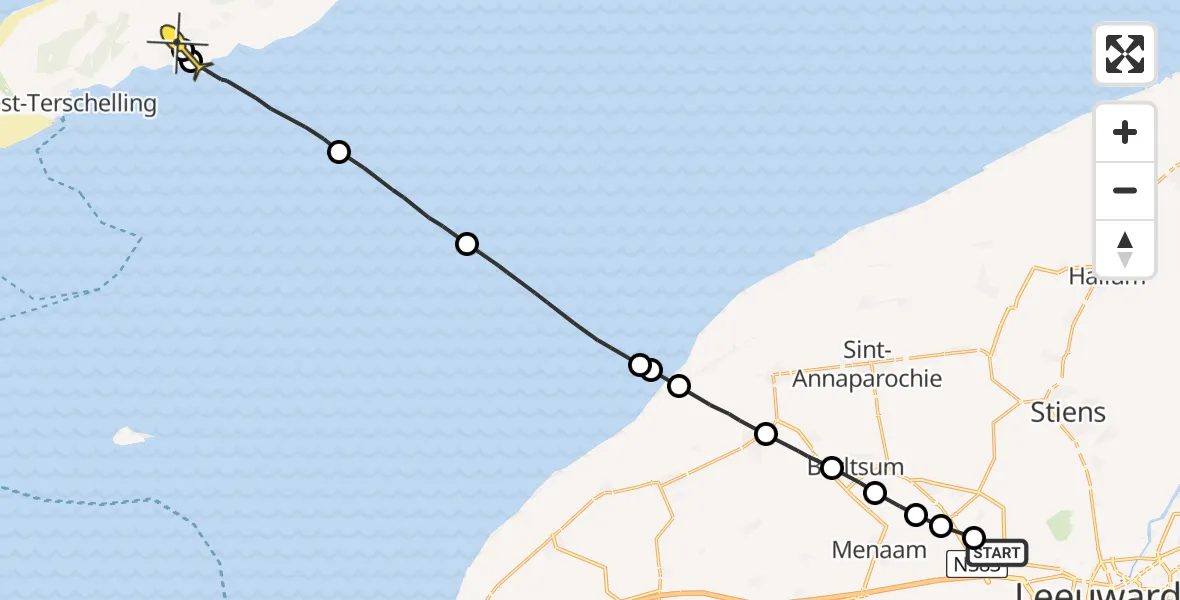 Routekaart van de vlucht: Ambulancehelikopter naar Baaiduinen, Westerwirdsleane