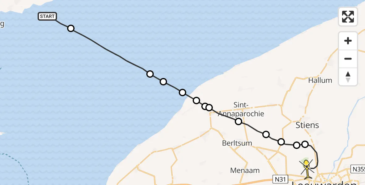 Routekaart van de vlucht: Ambulancehelikopter naar Vliegbasis Leeuwarden, Keegsdijkje