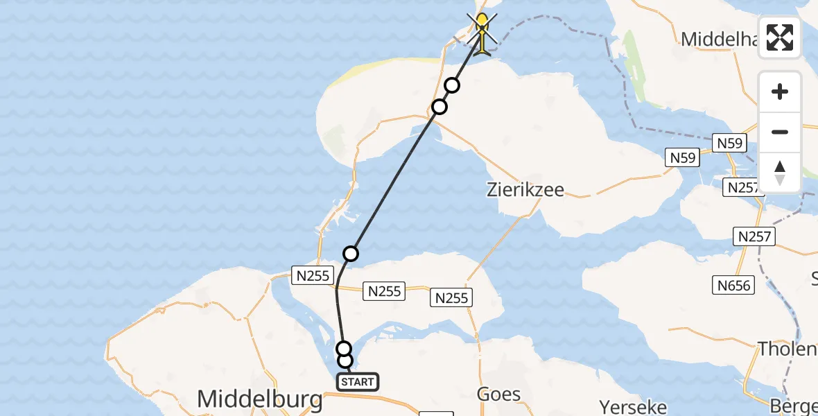 Routekaart van de vlucht: Kustwachthelikopter naar Ouddorp, Oranjeplaatweg