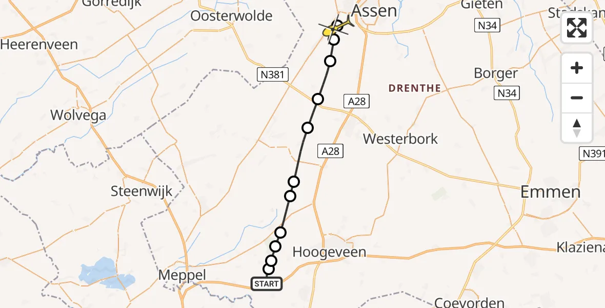 Routekaart van de vlucht: Lifeliner 4 naar Assen, Panjerdweg