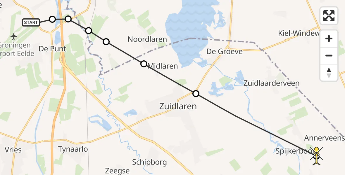 Routekaart van de vlucht: Lifeliner 4 naar Nieuw Annerveen, Burgemeester J.G. Legroweg