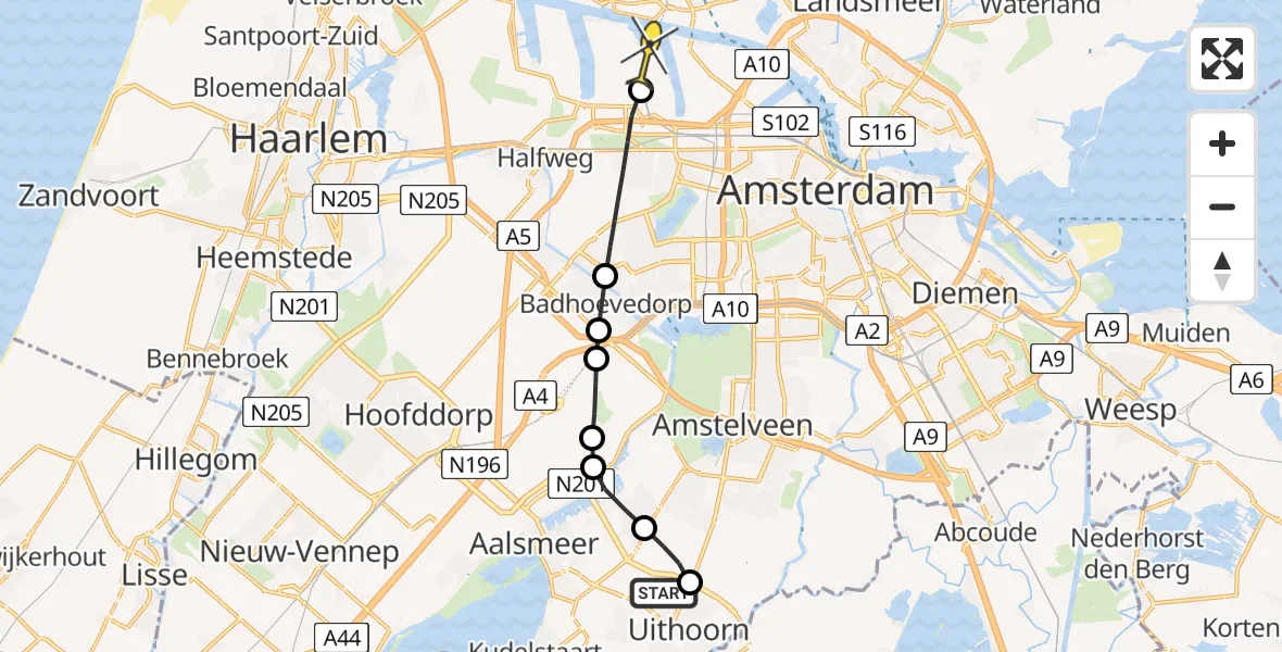 Routekaart van de vlucht: Lifeliner 1 naar Amsterdam Heliport, Leopoldlaan