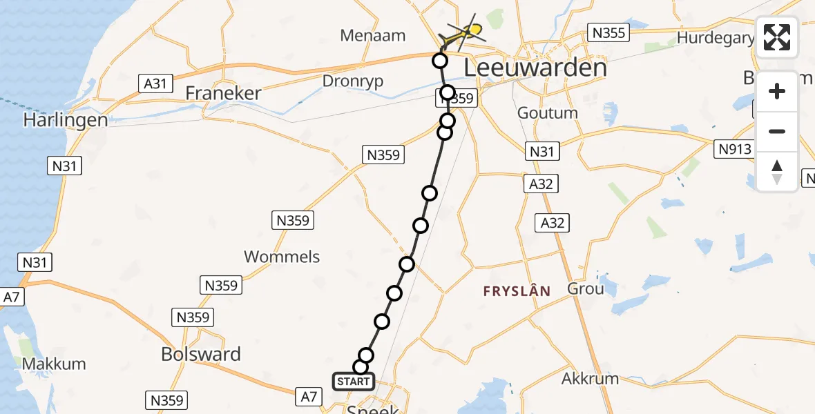 Routekaart van de vlucht: Ambulancehelikopter naar Marsum, Ivige Leane