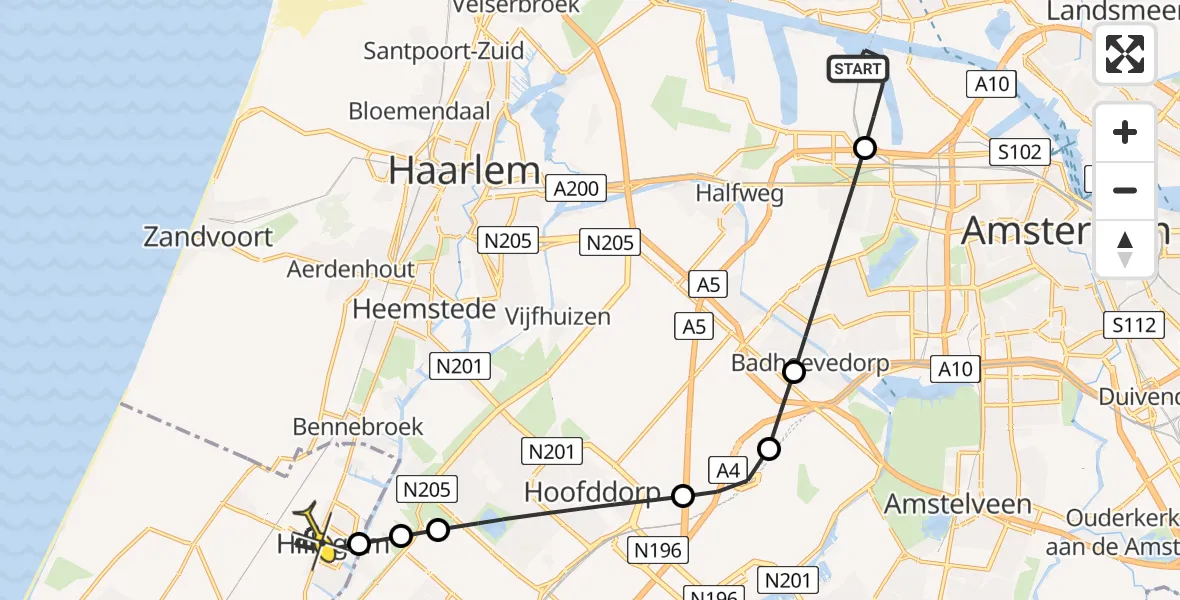Routekaart van de vlucht: Lifeliner 1 naar Hillegom, Westhavenweg