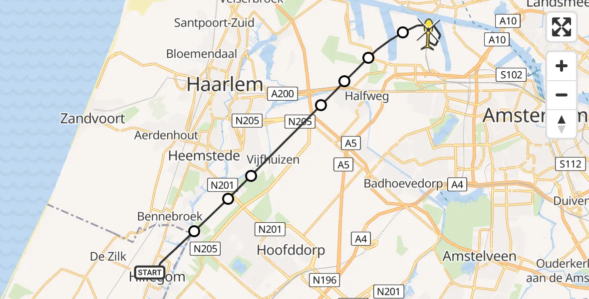 Routekaart van de vlucht: Lifeliner 1 naar Amsterdam Heliport, Maartensheem