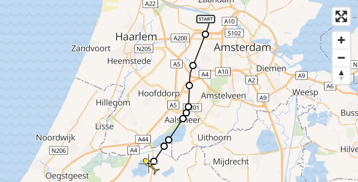 Routekaart van de vlucht: Lifeliner 1 naar Rijnsaterwoude, Elbaweg