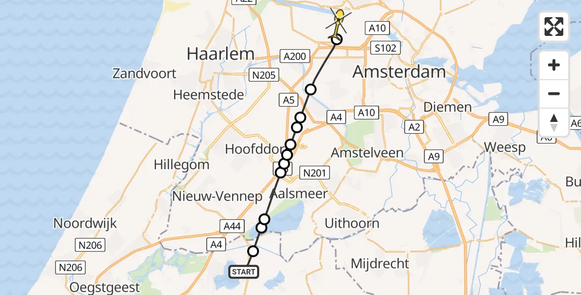 Routekaart van de vlucht: Lifeliner 1 naar Amsterdam Heliport, Vriezenweg
