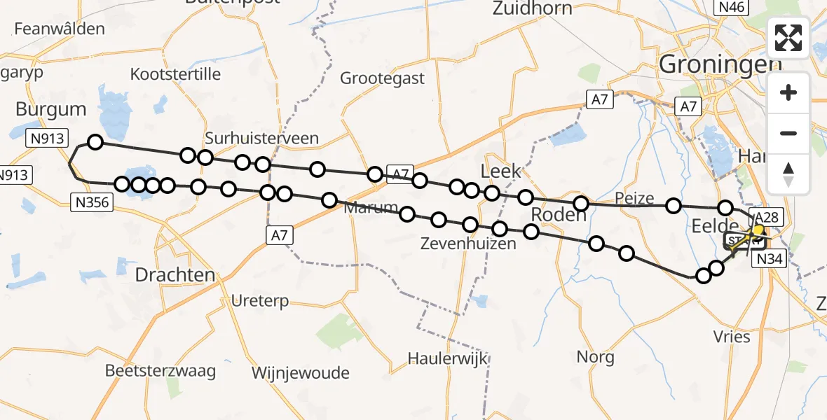 Routekaart van de vlucht: Lifeliner 4 naar Groningen Airport Eelde, Burgemeester J.G. Legroweg