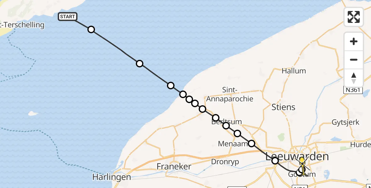 Routekaart van de vlucht: Ambulancehelikopter naar Leeuwarden, Aldlânsdyk