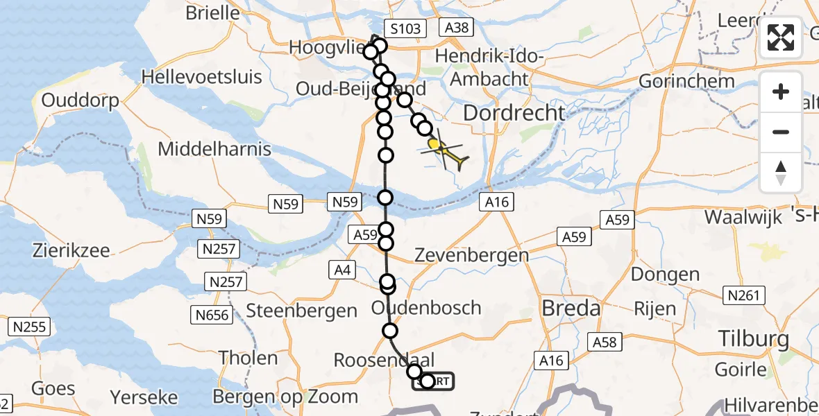 Routekaart van de vlucht: Lifeliner 2 naar Strijen, Roosendaalsebaan