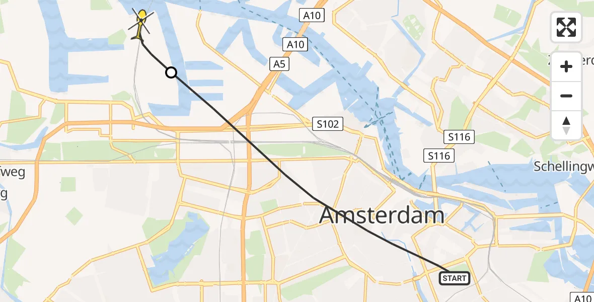 Routekaart van de vlucht: Lifeliner 1 naar Amsterdam Heliport, Weesperstraat