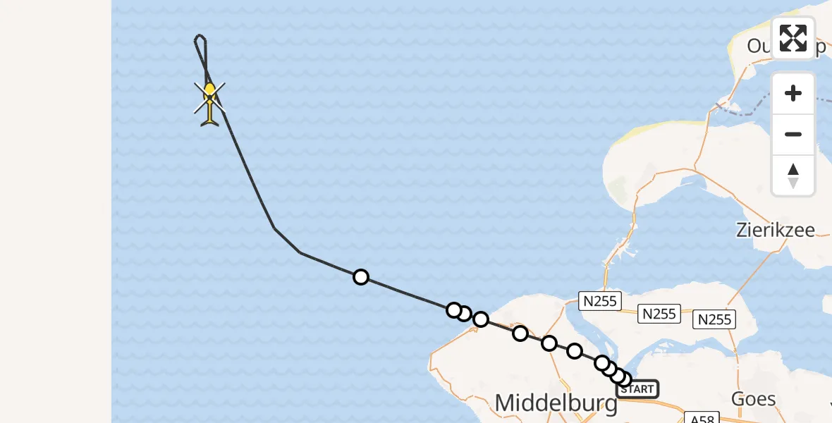 Vluchtroute Kustwachthelikopter van Vliegveld Midden-Zeeland naar 