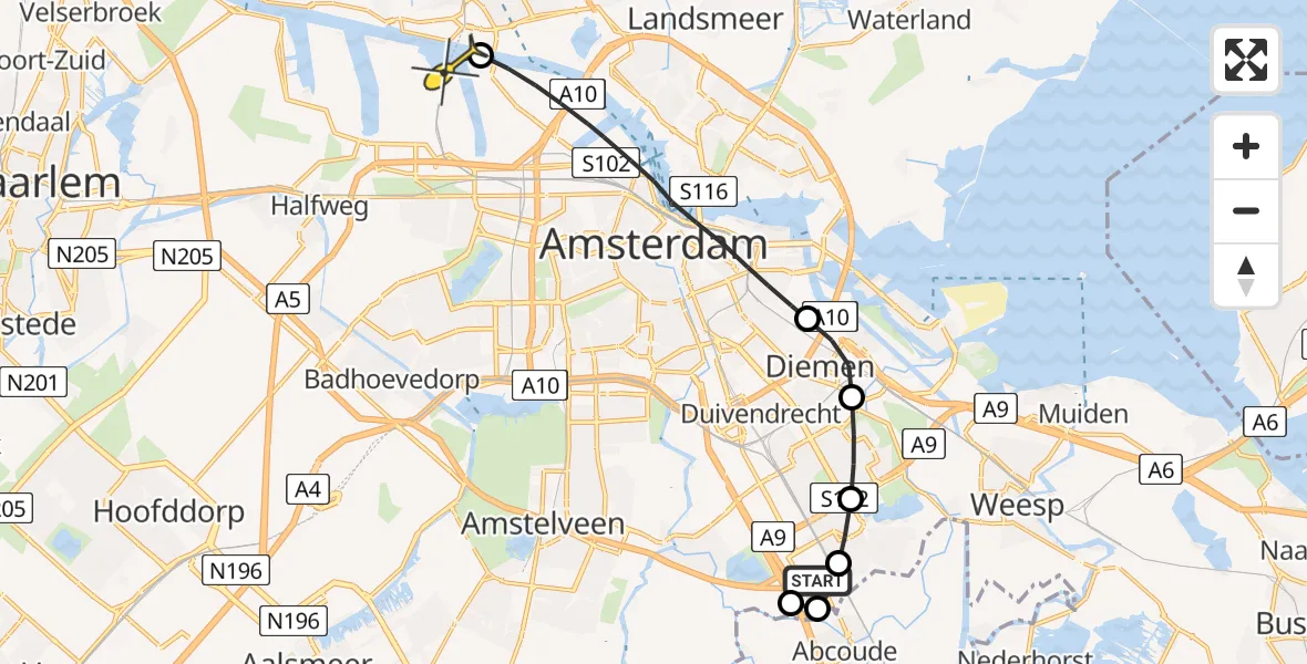 Routekaart van de vlucht: Lifeliner 1 naar Amsterdam Heliport, Toutenburgstraat