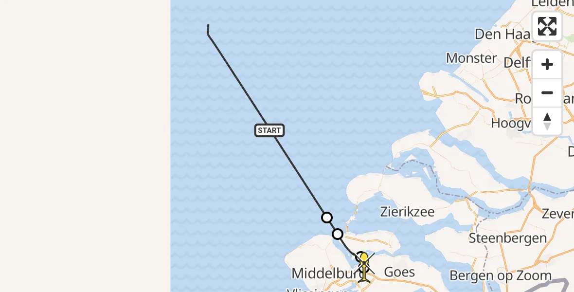 Routekaart van de vlucht: Kustwachthelikopter naar Vliegveld Midden-Zeeland, Pietweg