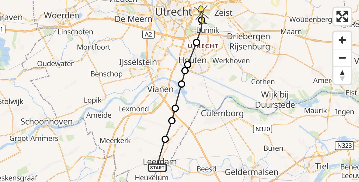 Routekaart van de vlucht: Lifeliner 2 naar Universitair Medisch Centrum Utrecht, Koekoekstraat