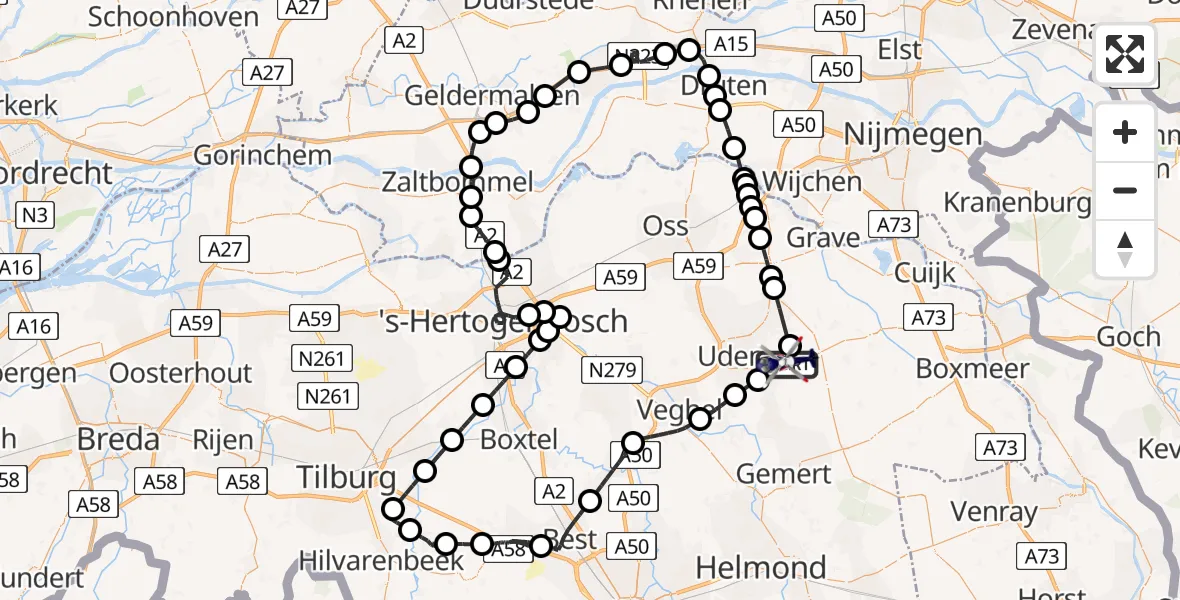 Vluchtroute Politiehelikopter van Vliegbasis Volkel naar Vliegbasis Volkel