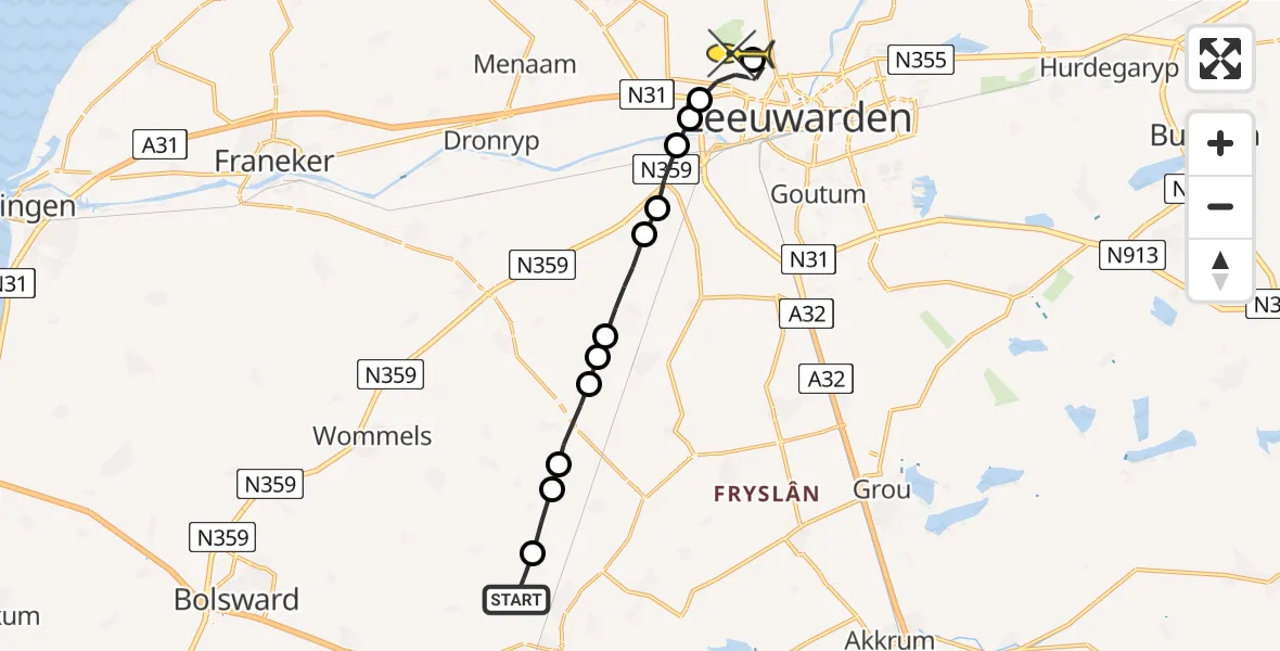 Routekaart van de vlucht: Ambulanceheli naar Vliegbasis Leeuwarden, Ivige Leane