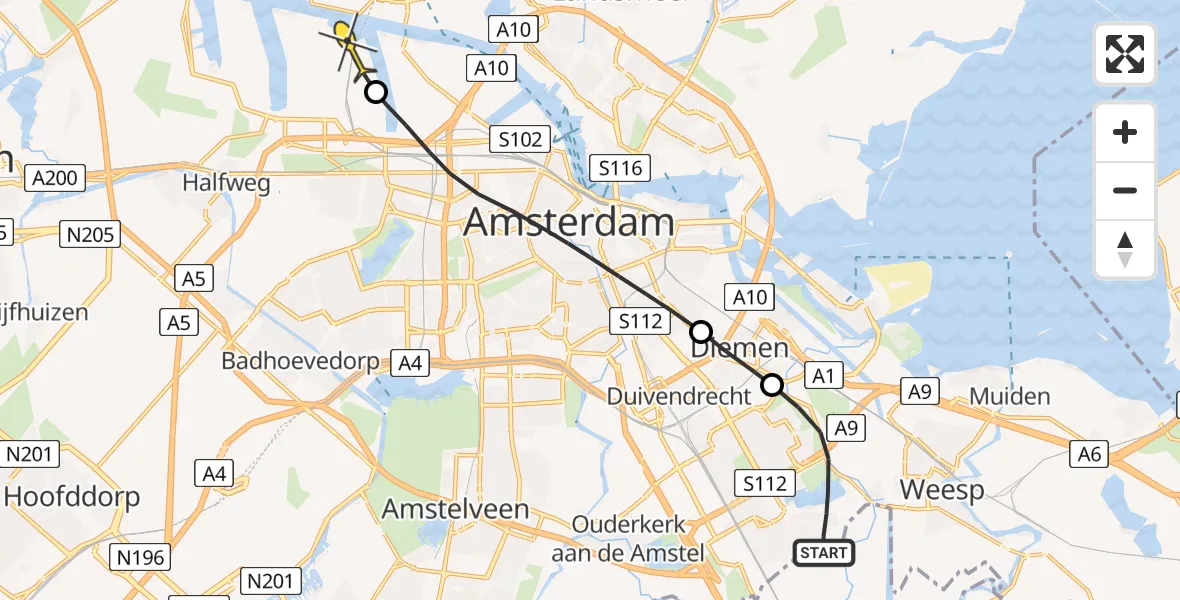 Routekaart van de vlucht: Lifeliner 1 naar Amsterdam Heliport, Gaasperplas