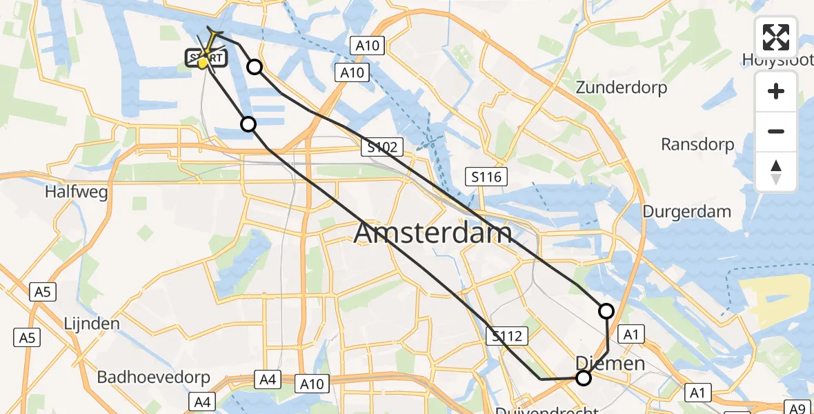 Routekaart van de vlucht: Lifeliner 1 naar Amsterdam Heliport, Corsicaweg