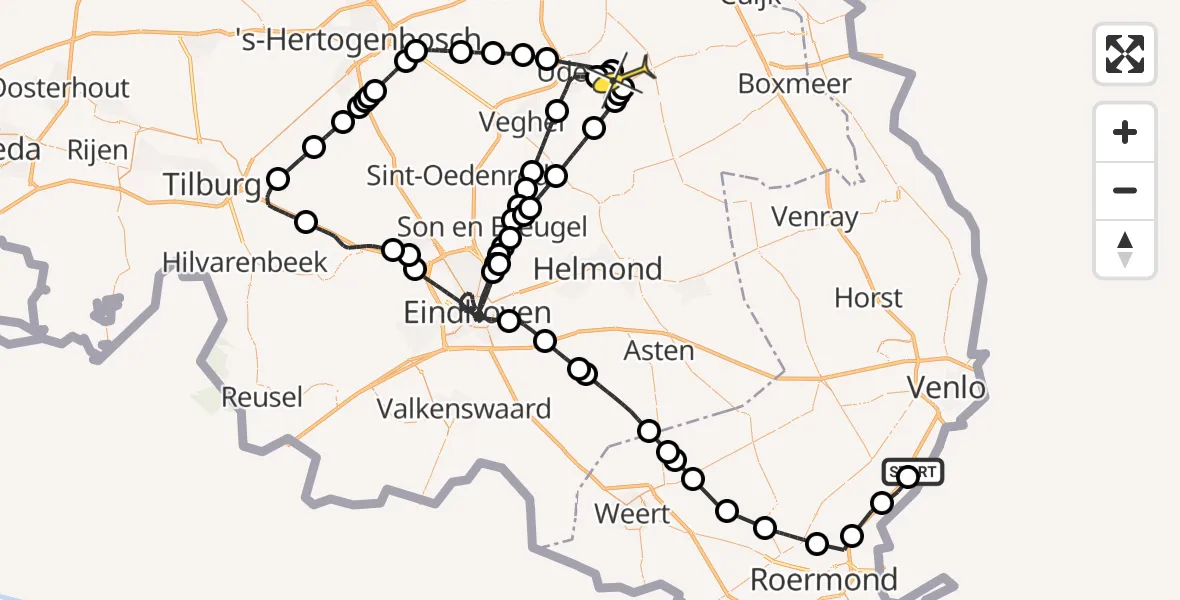 Routekaart van de vlucht: Politieheli naar Vliegbasis Volkel, Hoverheideweg