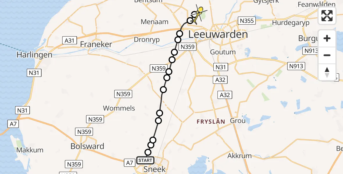 Routekaart van de vlucht: Ambulanceheli naar Vliegbasis Leeuwarden, Sint Martensdyk