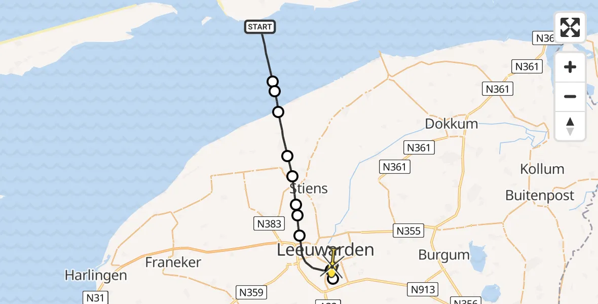 Routekaart van de vlucht: Ambulanceheli naar Leeuwarden, Robbentocht WL35 Brakzand