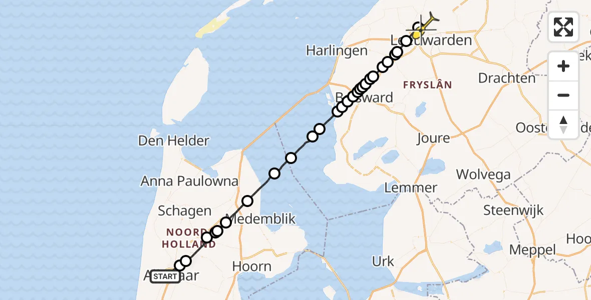 Routekaart van de vlucht: Ambulanceheli naar Vliegbasis Leeuwarden, Wognumsebuurt