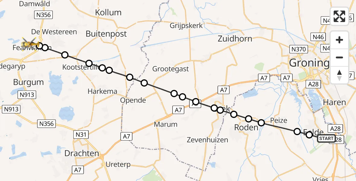 Vluchtroute Traumahelikopter Groningen Airport Eelde - Feanwâlden, 01 juli 2024, 13:30