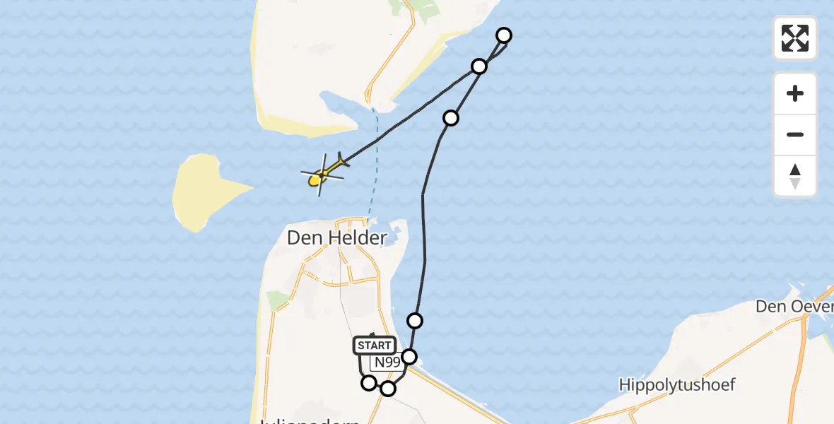 Routekaart van de vlucht: Kustwachthelikopter naar Den Hoorn, Mastenmakersweg