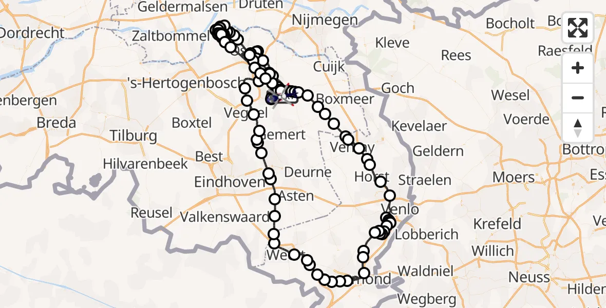 Vluchtroute Politiehelikopter van Vliegbasis Volkel naar Vliegbasis Volkel
