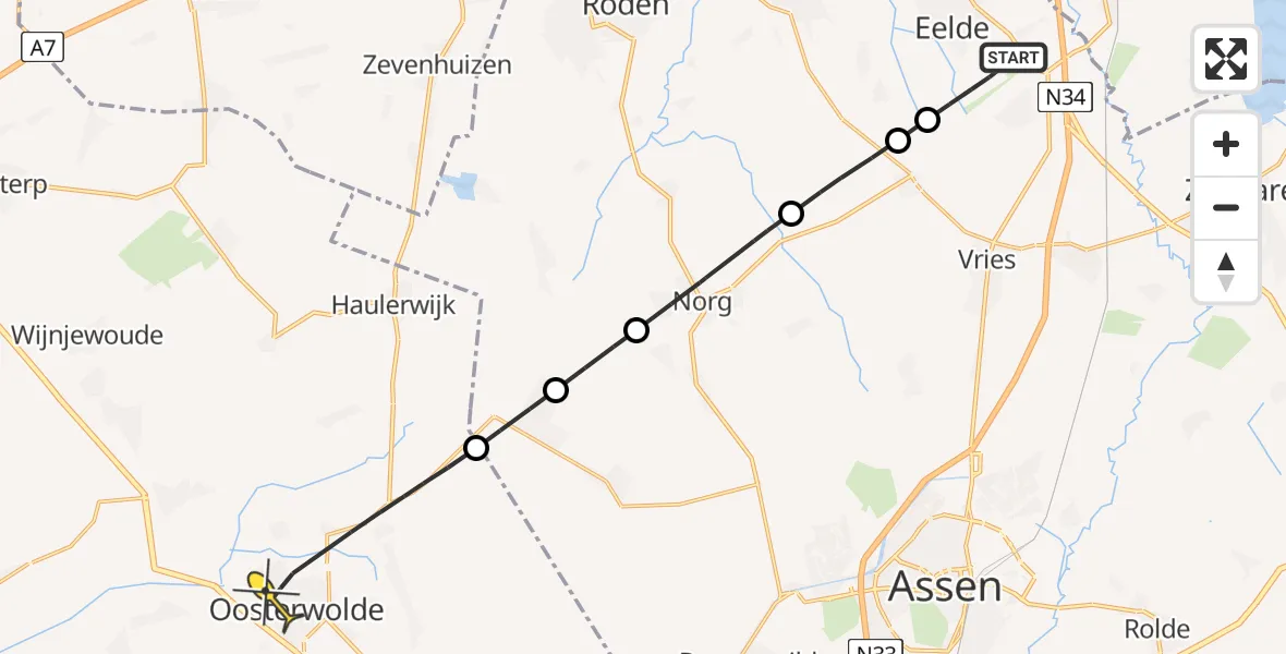 Routekaart van de vlucht: Lifeliner 4 naar Oosterwolde, Lugtenbergerweg