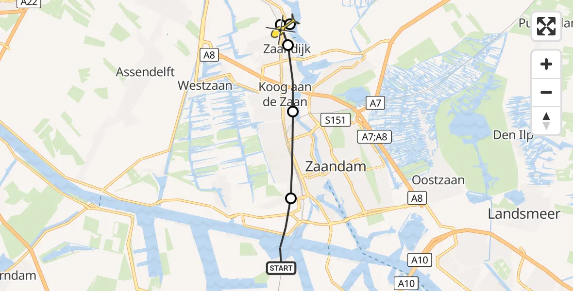 Routekaart van de vlucht: Lifeliner 1 naar Zaandijk, Grote Tocht