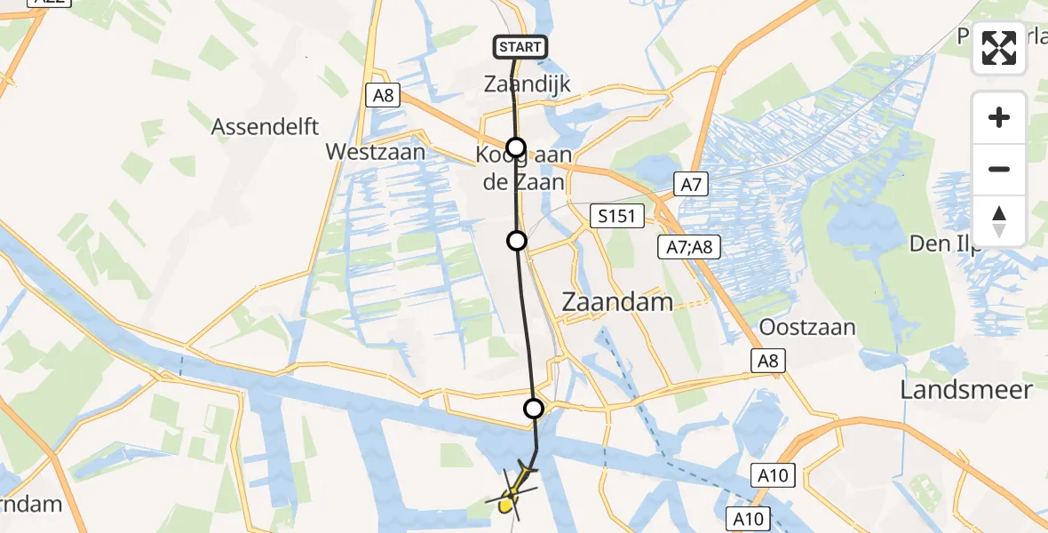Routekaart van de vlucht: Lifeliner 1 naar Amsterdam Heliport, Provincialeweg
