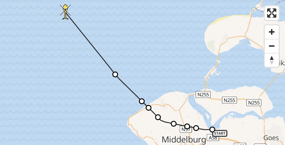 Vluchtroute Kustwachthelikopter van Vliegveld Midden-Zeeland naar 