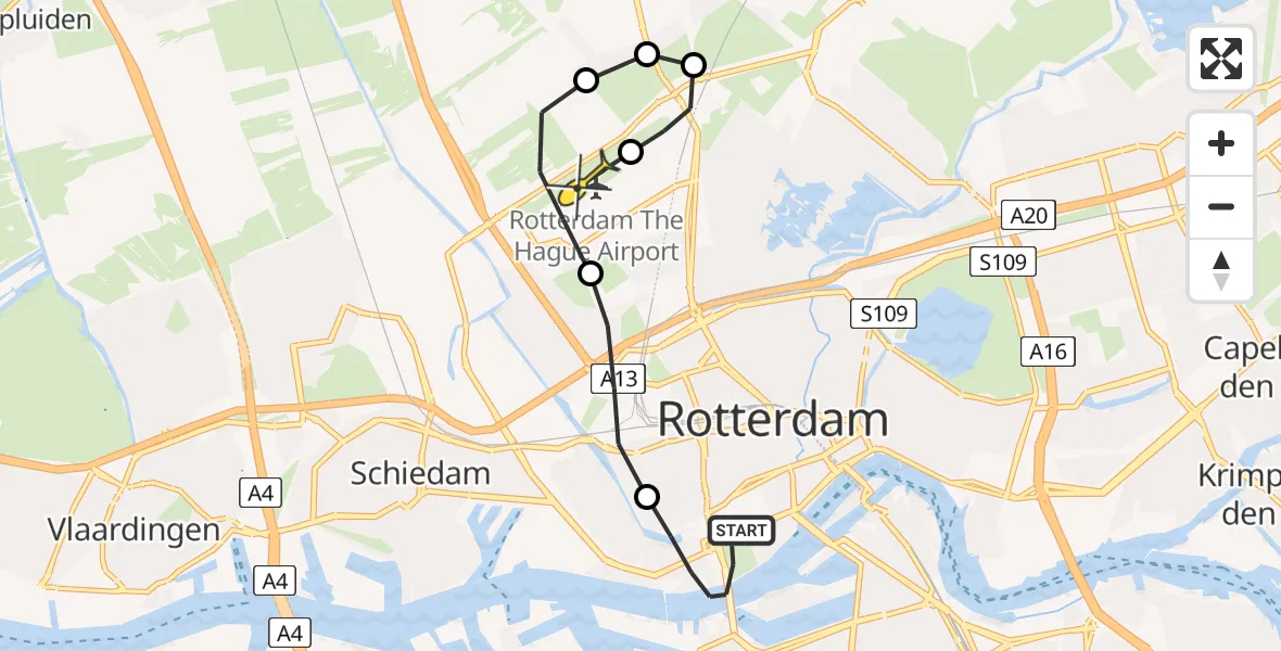 Routekaart van de vlucht: Kustwachthelikopter naar Rotterdam The Hague Airport, Westzeedijk
