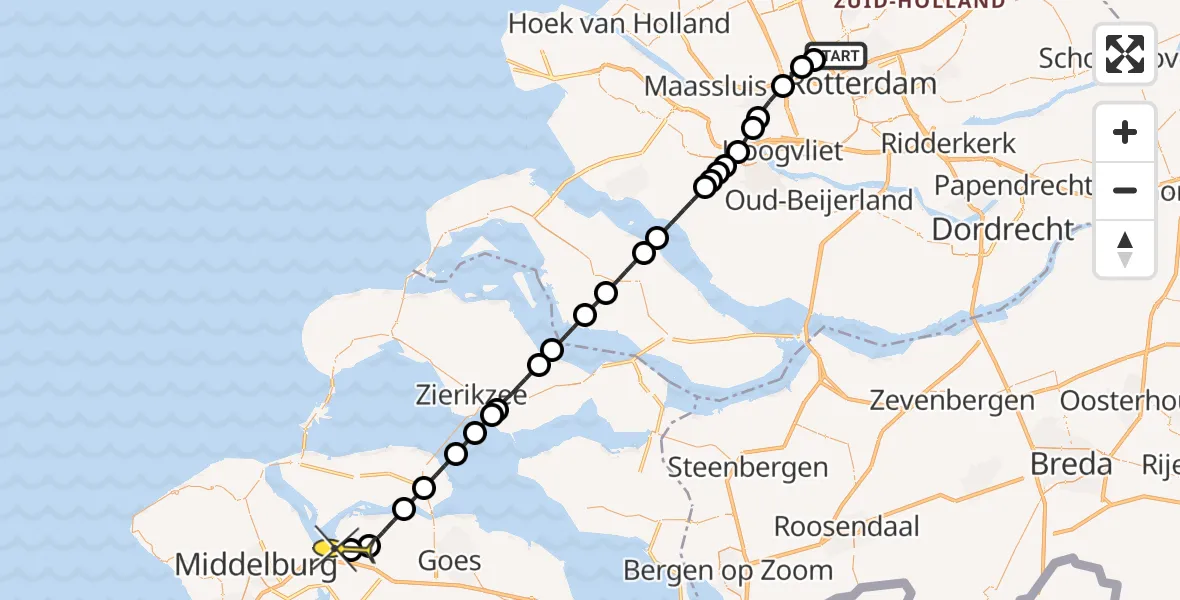 Routekaart van de vlucht: Kustwachthelikopter naar Vliegveld Midden-Zeeland, Delftweg