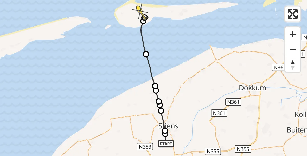 Routekaart van de vlucht: Ambulanceheli naar Ameland Airport Ballum, Nijlânsdyk