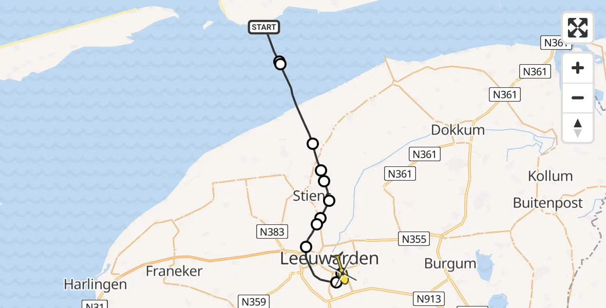 Routekaart van de vlucht: Ambulanceheli naar Leeuwarden, Hoek van Hessing
