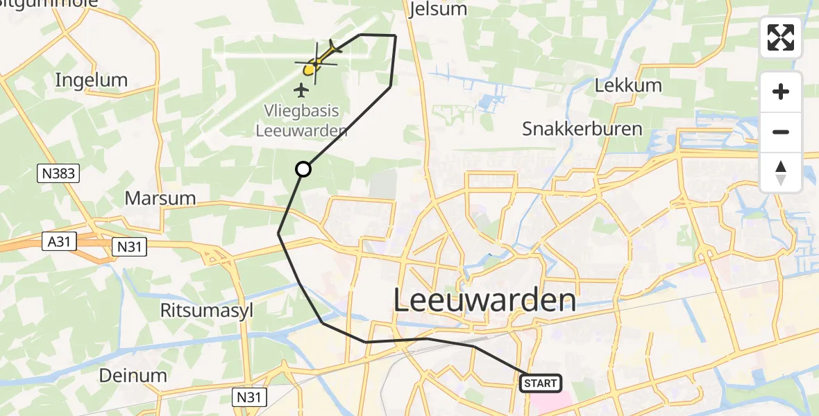 Vluchtroute Ambulancehelikopter van Leeuwarden naar Vliegbasis Leeuwarden