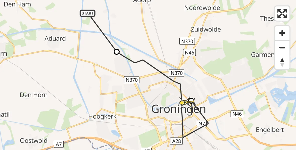 Routekaart van de vlucht: Ambulanceheli naar Universitair Medisch Centrum Groningen, Zijlvesterweg
