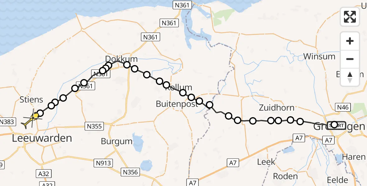 Routekaart van de vlucht: Ambulanceheli naar Vliegbasis Leeuwarden, Perseusstraat